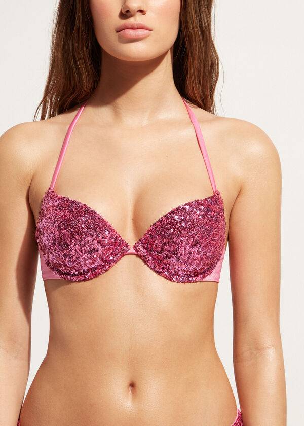 Topuri De Bikini Calzedonia Căptușită Push-Up Cannes rosa Dama Roz | RO1844QZ